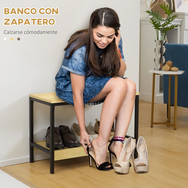 HOMCOM Recibidor Moderno con Perchero de Pared y Banco Zapatero Muebles de Entrada con 4 Ganchos 1 Barra y 1 Estante Roble