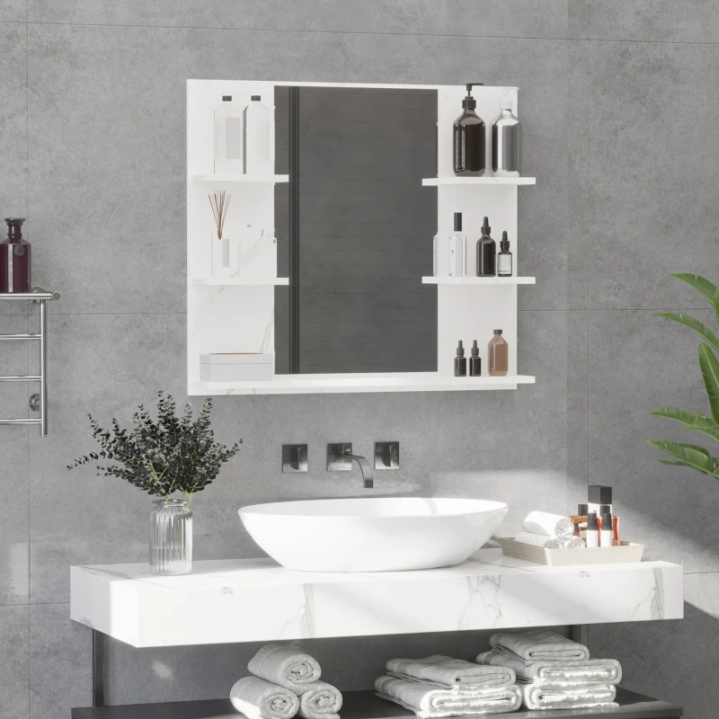 kleankin Miroir mural de salle de bain avec étagères de rangement - 4 étagères latérales + 1 étagère inférieure - MDF