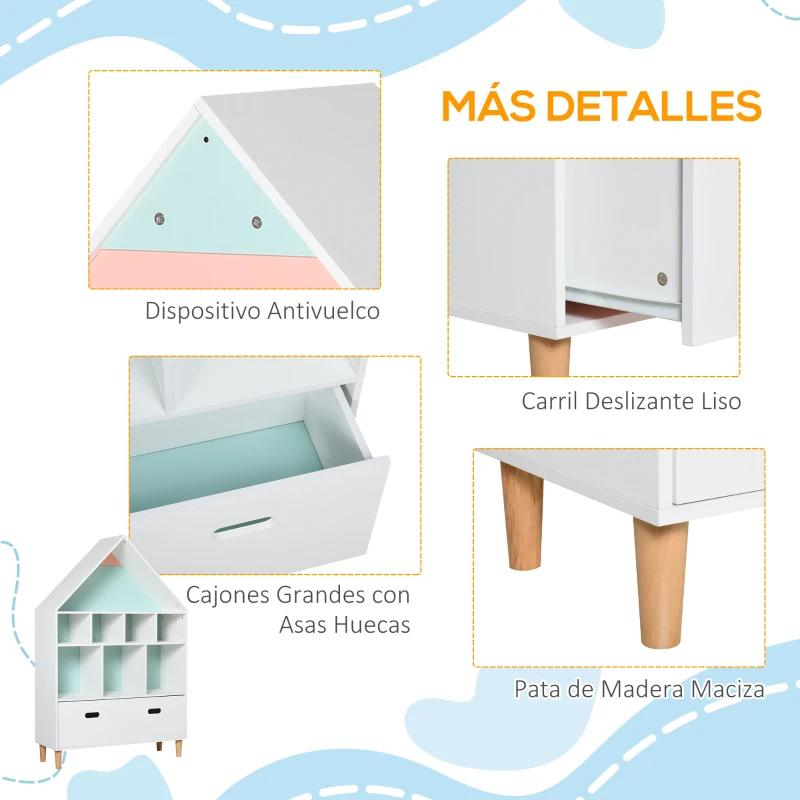 HOMCOM Estantería de Madera Infantil Forma de Casa Librería para Niños con 8 Compartimentos Abiertos y Cajón de 2 Colores 82x30x126 cm Blanco