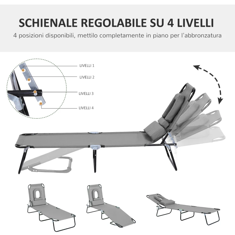 Outsunny Sdraio da Mare con Foro per Lettura Pieghevole e Reclinabile su 4 Livelli in Tessuto Oxford e Acciaio, Grigio