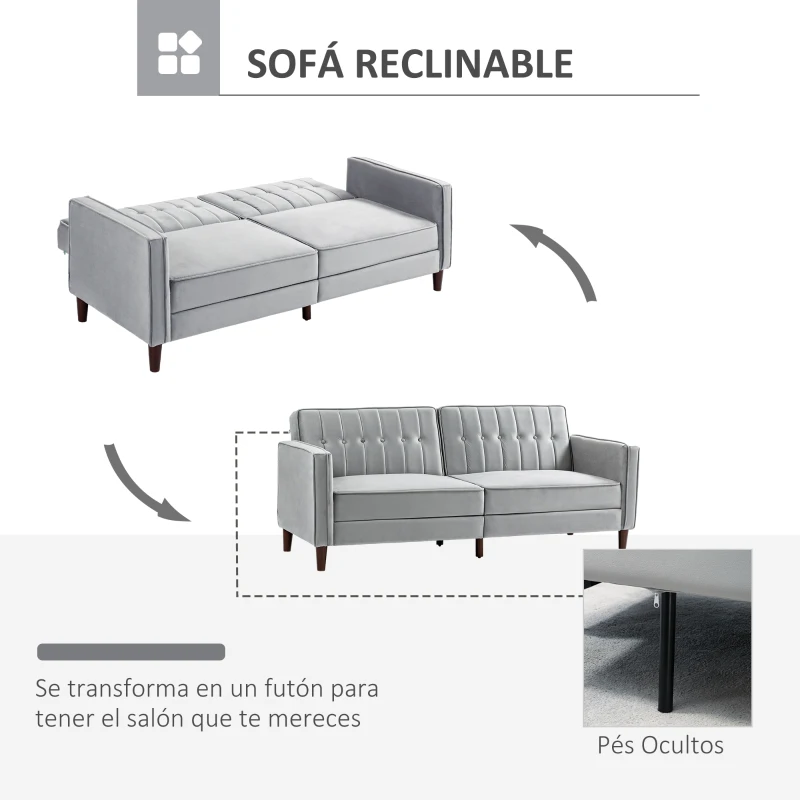 HOMCOM Sofá Cama de 3 Plazas Sofá Cama Convertible de Terciopelo con Respaldo Reclinable y Patas de Madera 189x80,5x78,5cm Gris