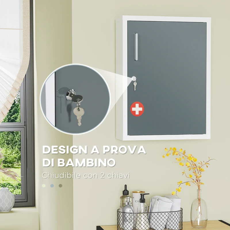 kleankin Armadietto Medicinali con 3 Ripiani e Blocco con Chiavi in Acciaio, 40x15x53.5cm, Bianco e Grigio