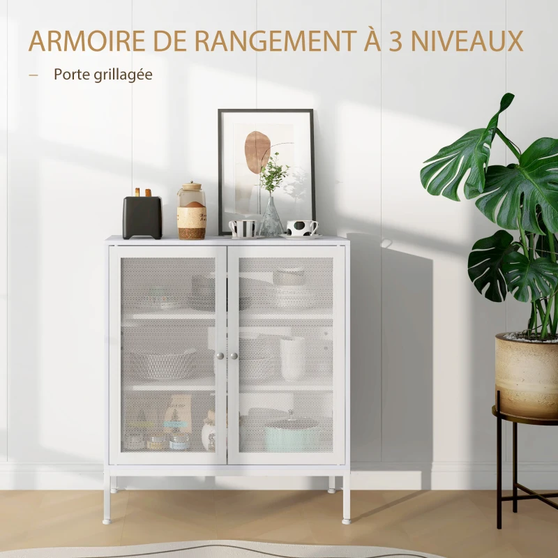 HOMCOM Buffet meuble de cuisine à 3 niveaux avec 2 portes grillagées avec étagère réglable 80 x 37 x 92 cm blanc