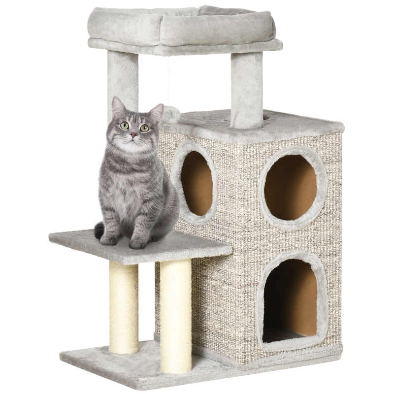 Tiragraffi PawHut Con Lettino E Pallina: 3 Livelli, Sisal E Peluche, Per Gatti Fino A 5 Kg, 60x40x91 Cm, Grigio