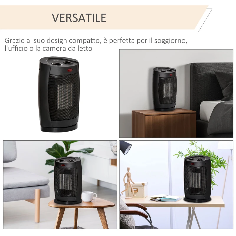 HOMCOM Stufetta Elettrica Ceramica Oscillante a 60°, Aria e Temperatura Regolabili 6-38°C, Potenza 900W/1500W, 19.5x14.8x28cm, Nero