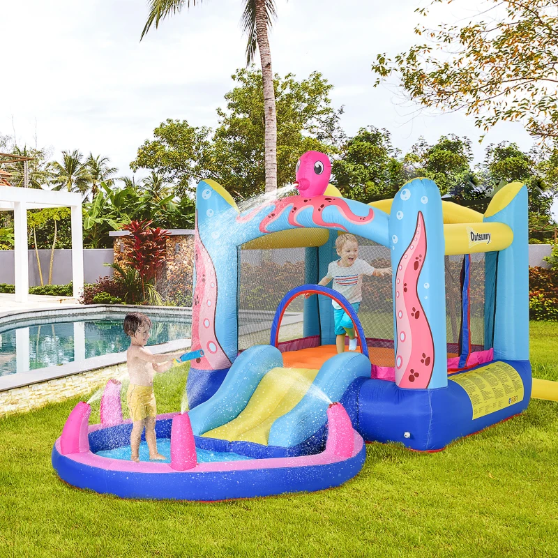 Outsunny Castello Gonfiabile Gigante e Rimbalzante per Bambini 3-8 Anni con Scivolo, Piscina e Gonfiatore 3.6x1.75x1.8m