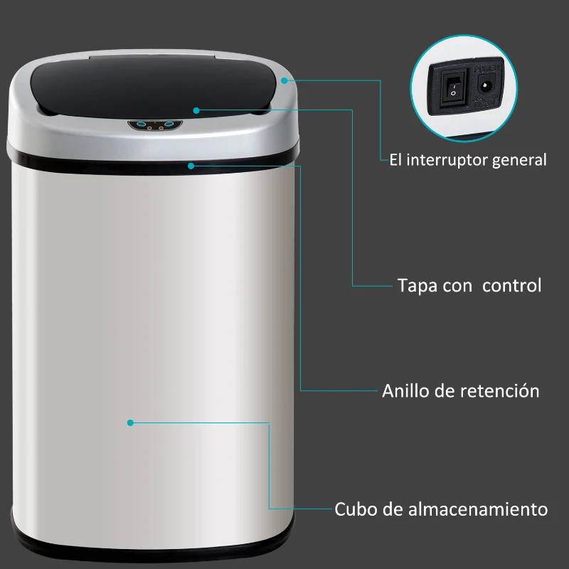 HOMCOM Cubo de Basura Apertura Automática Sensor Papelera Reciclaje para Cocina Dormitorio 58L Acero Inox