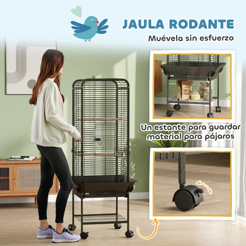 PawHut Jaula para Loros con Ruedas Perchas Comederos Estante y Bandeja Extraíble 62,5x62,5x146 cm Gris Oscuro
