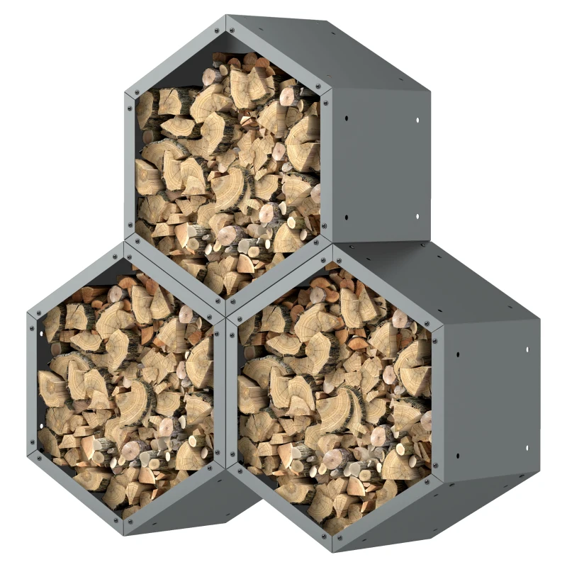 Outsunny Three-Shelf Hexagon Metal Firewood Rack - Grey