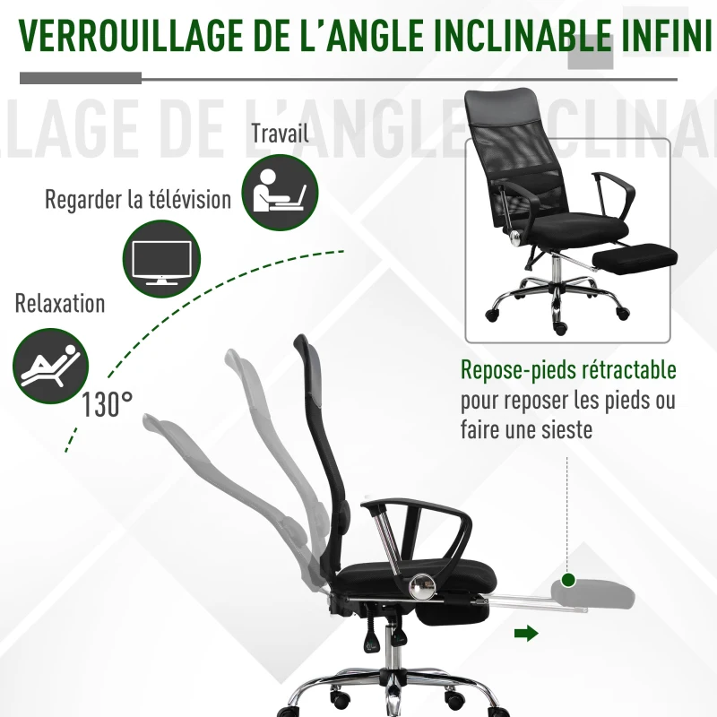 Vinsetto Fauteuil de bureau chaise de bureau ergonomique avec coussin lombaire - repose-pieds rétractable - 65 x 60 x 119-127 cm - noir