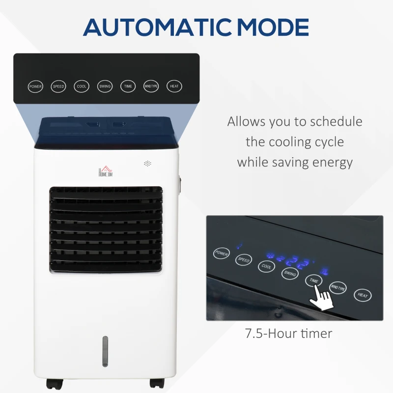 HOMCOM 3-IN-1 8.5L Portable Air Cooler, Heater, Humidifier with Ice Crystal Box, 3 Speed 3 Mode, 7.5 Hour Timer, Remote Controller Included, for Bedroom, Dorm, Office, White