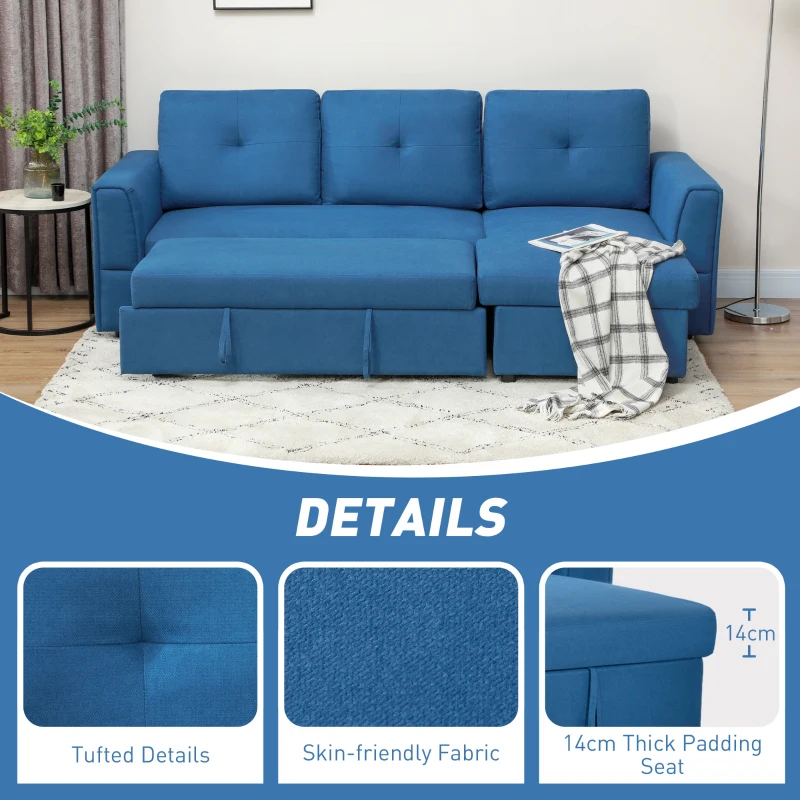 HOMCOM 4 Seater Sofa Bed, Pull Out Sofa Bed with Storage for Living Room, Cobalt Blue