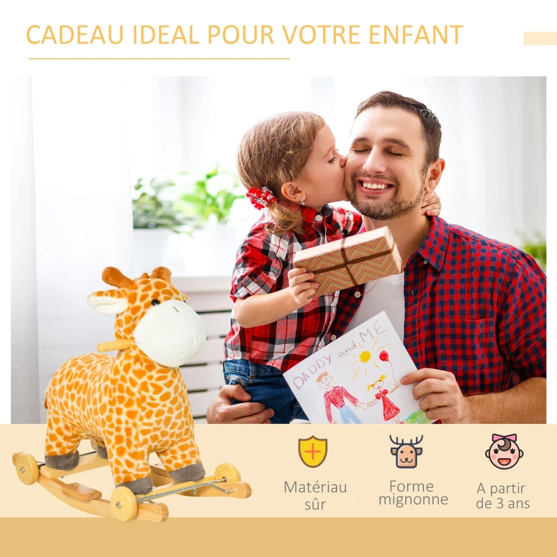 HOMCOM Jouet à Bascule Girafe et Porteur sur roulettes 2 en 1 Fonction sonore mugissement Bois peuplier Peluche Courte Polyester tacheté