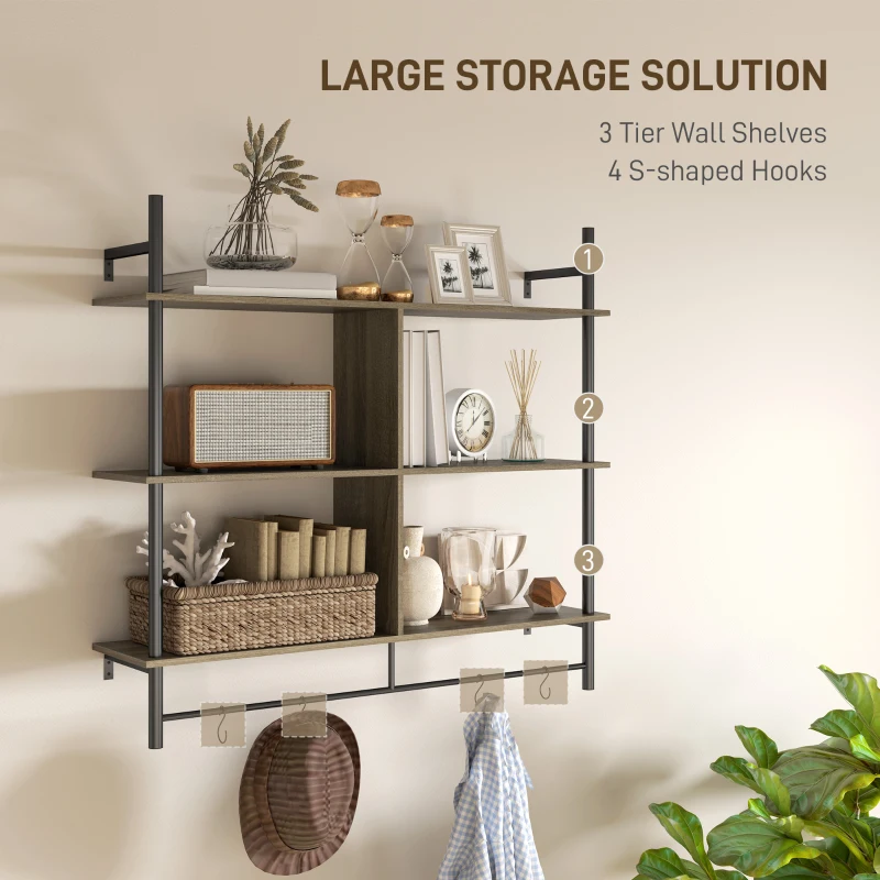 HOMCOM Three-Tier Floating Shelf - Grey Wood Effect