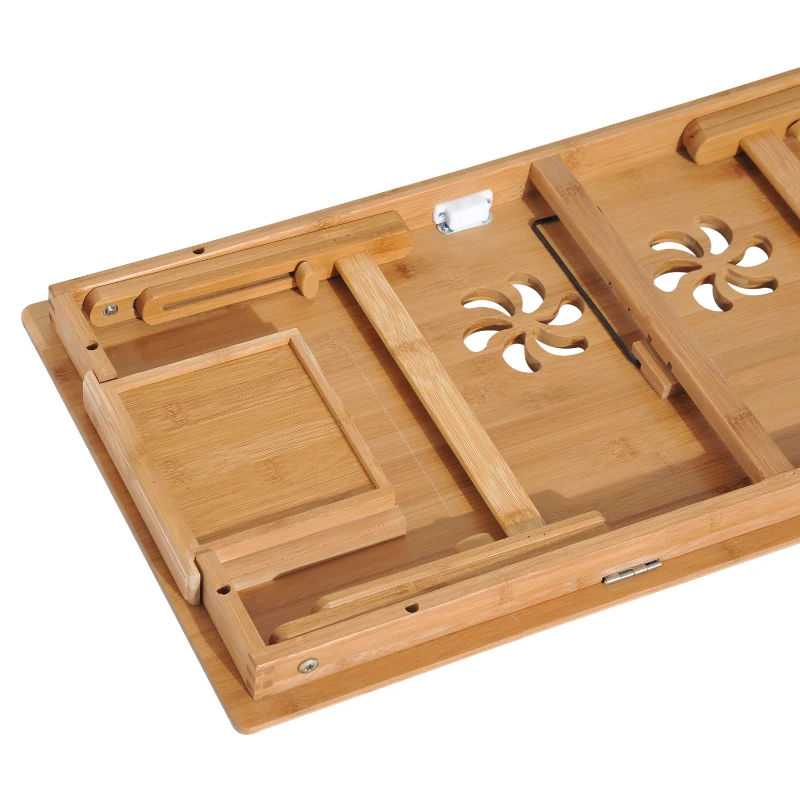 HOMCOM Mesa de Ordenador Portátil Bambú Bandeja de Cama Desayuno Plegable Reclinable Altura Ajustable Soporte Escritorio de regazo 1 Cajón 72x35x22-30cm