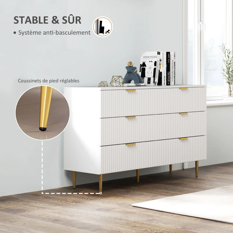 HOMCOM Commode 6 tiroirs commode chambre meuble de rangement moderne avec poignées et pieds dorés, 120 x 40 x 76,5 cm, blanc