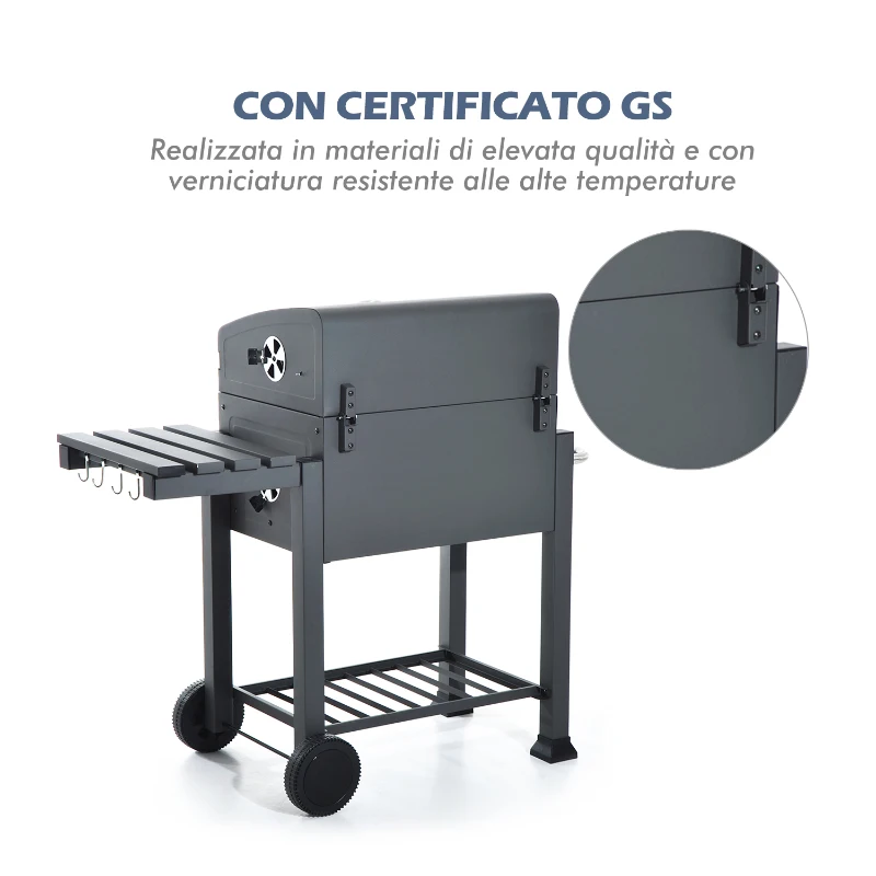 Griglia Barbecue 2 Griglie di Cottura 4 Palette Laterali 1 Cassetta Regolabile in Altezza 4 Comodi Gancini 2 Rotelle e 1 Maniglia Acciaio Inox e Ferro Grigio Certificato GS 115×56×108cm