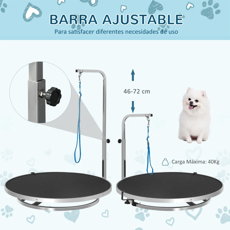 PawHut Mesa de Peluquería para Mascotas Mesa de Aseo con Base Giratoria Brazo Ajustable de 46-72 cm de Acero Inoxidable con Correa Ø65x10 cm Negro