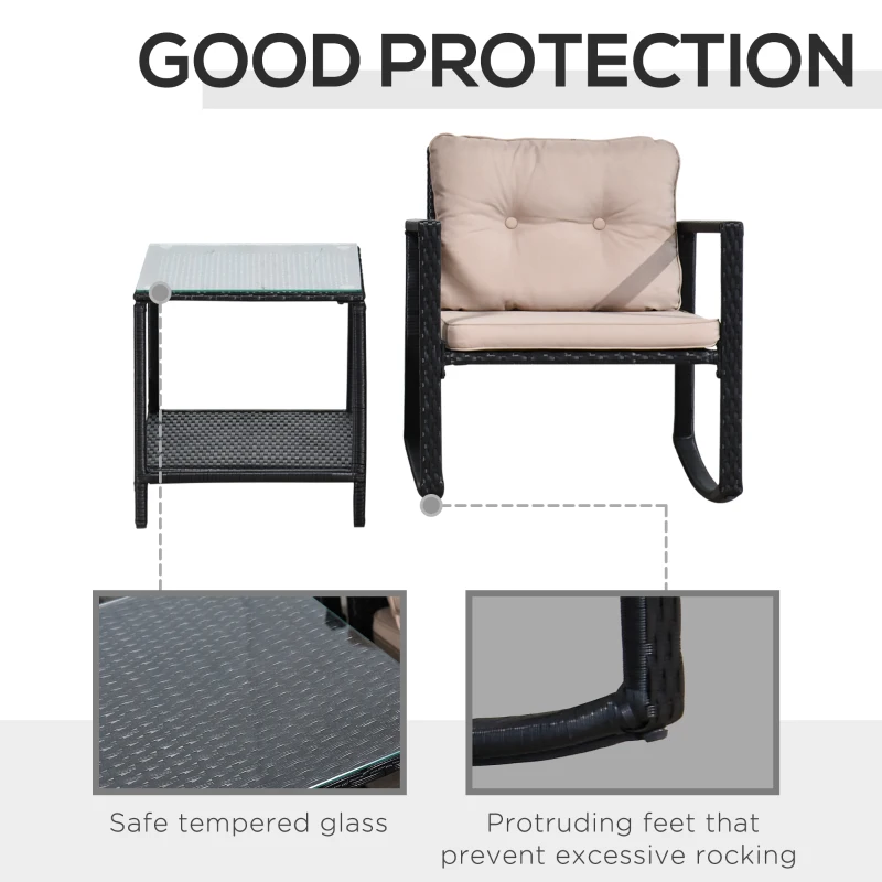 Outsunny 3 Pieces Rattan Garden Rocking Chair Set, Outdoor Rocking Bistro Set w/ 2 Cushioned Armchair and Glass Top Two-tier Coffee Table, Black