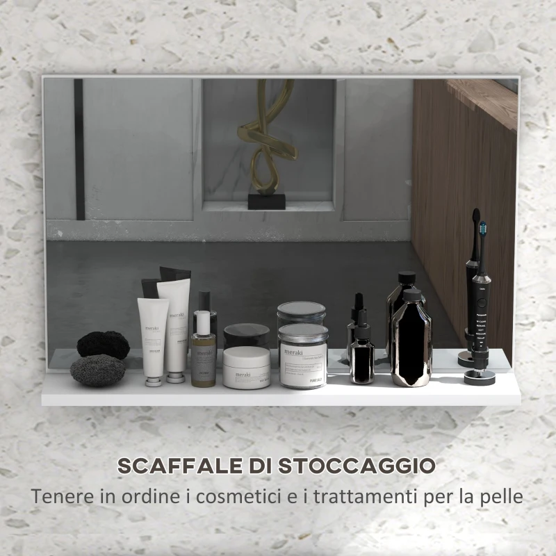 kleankin Specchio Bagno da Parete con Mensola Design Moderno e Multiuso, 60x12x40 cm, Bianco
