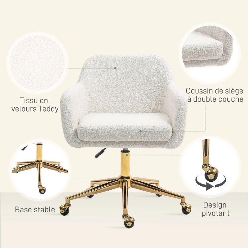 HOMCOM Chaise de bureau fauteuil de bureau avec roulettes hauteur réglable assise pivotante à 360° 60 x 61 x 79-88 cm crème