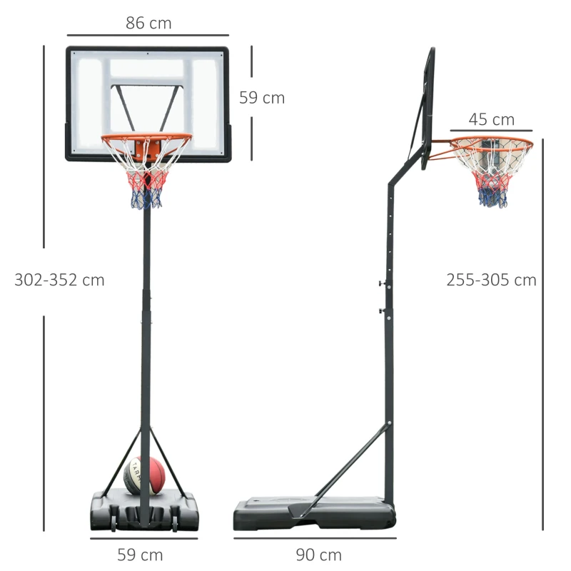 HOMCOM Panier de Basket extérieur avec poteau panneau, base de lestage sur roulettes hauteur réglable 2,55 - 3,05 m (panier) usage intérieur extérieur noir blanc
