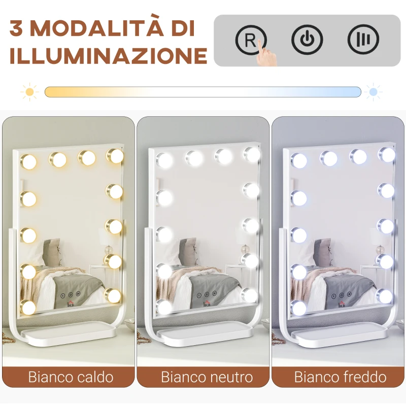 HOMCOM Specchio Trucco Illuminato Inclinabile con 12 Luci LED e Luminosità Regolabile, 32.8Lx11x47.4cm