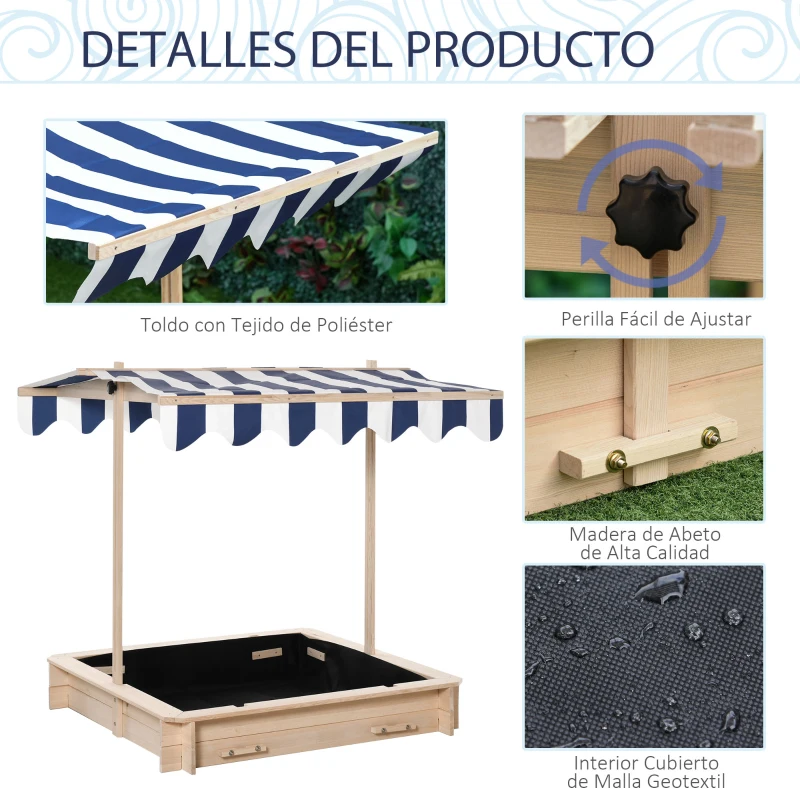 Outsunny Arenero Infantil con Toldo Ajustable en Altura 2 Bancos y Respaldos Desmontables para Patio 106x106x115 cm Natural