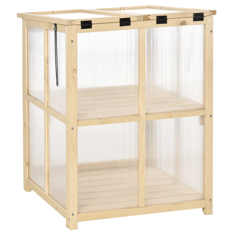 Outsunny Mini Serre de Jardin 2 Niveaux dim. 62L x 63l x 82H cm Porte et Panneau Toit ouvrant Bois Sapin traité Polycarbonate