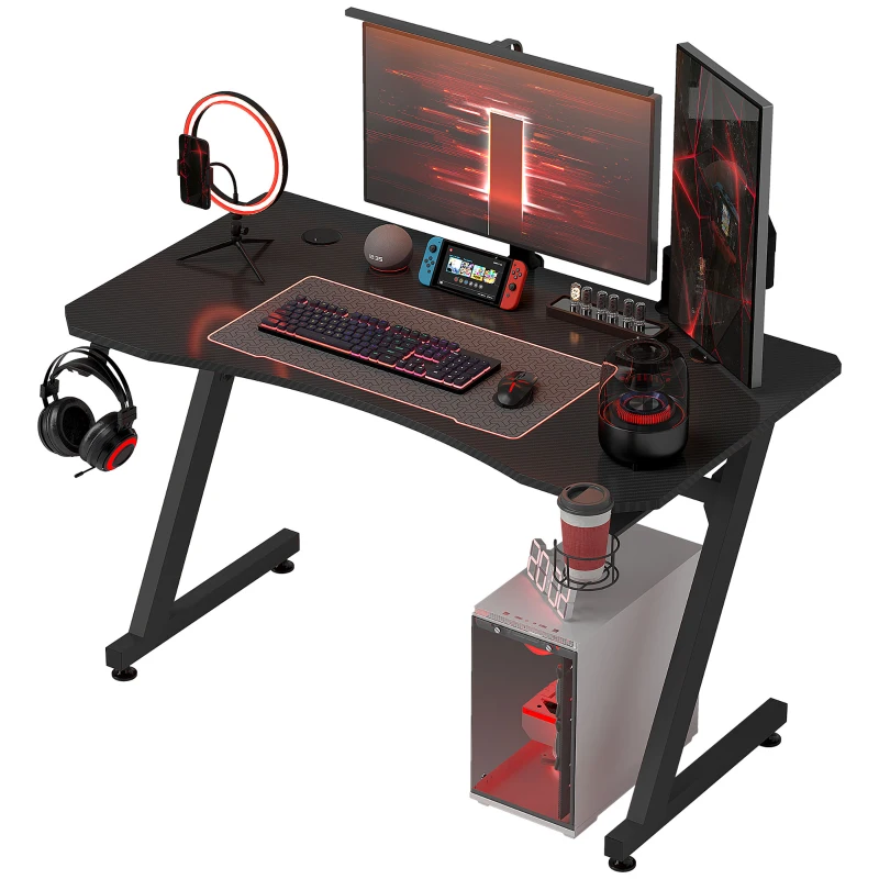 HOMCOM Mesa Gaming 120x65x74,5 cm Escritorio Ergonómico Gaming desk para Computadora PC con Portavasos Gancho para Auriculares y Pies Ajustables Efecto de Fibra de Carbono Negro