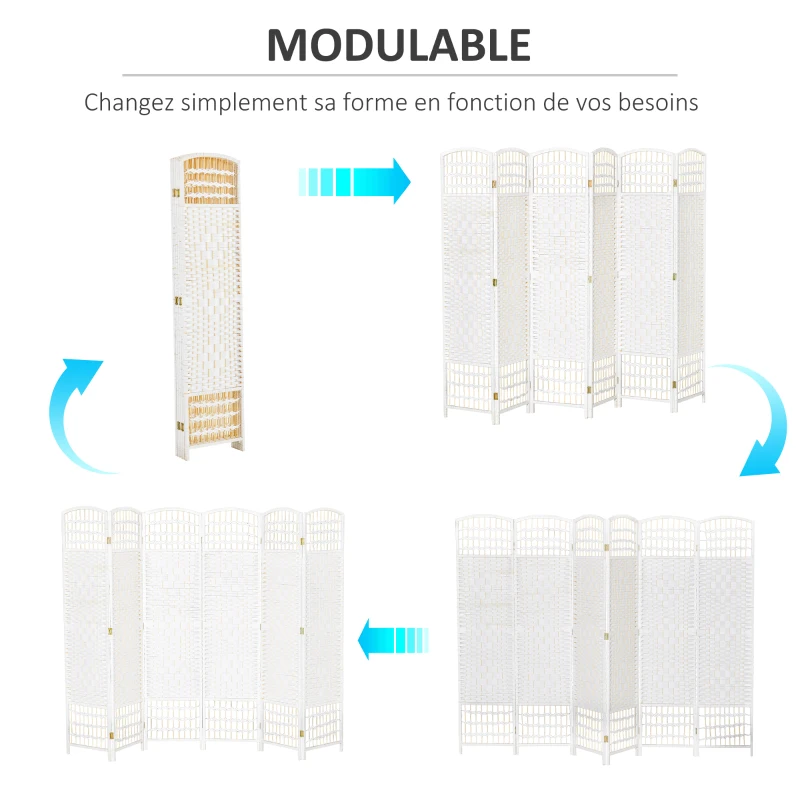 HOMCOM Paravent en bois 242 x 170 cm séparateur de pièce pliable 6 panneaux cloison de séparation chambre à coucher maison intérieur blanc