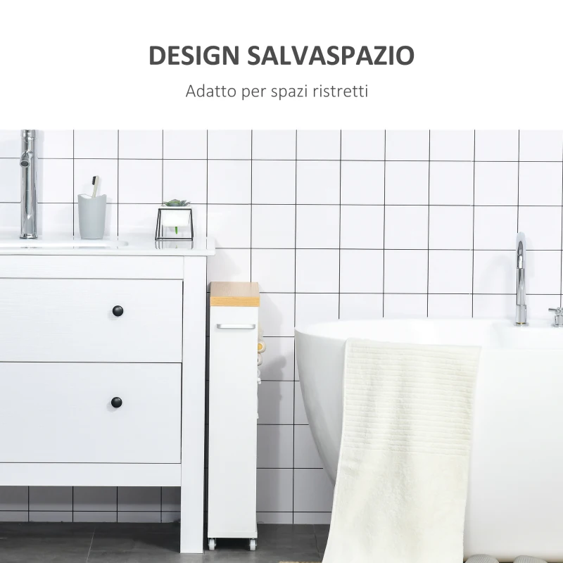 kleankin Carrello Portaoggetti per il Bagno Stretto 13cm, Cassettiera con Mensole e 4 Ruote in Legno Bianco 50x13x67.5cm