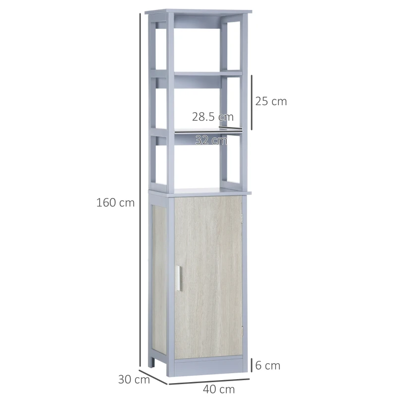 kleankin Colonna Bagno con 3 Mensole e Armadietto in Legno MDF 40x30x160, Grigio e Legno Naturale