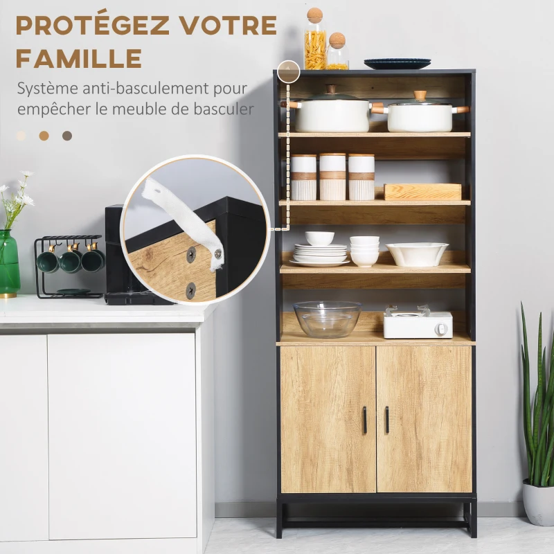 HOMCOM Buffet armoire de cuisine multi-rangements avec placard et étagères réglables en bois et acier 75 x 35 x 175 cm