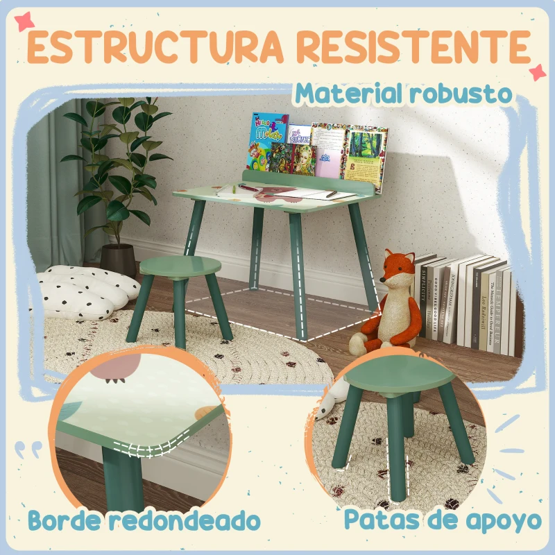 AIYAPLAY Mesa Infantil con Silla y Estante para Libros Escritorio para Niños de +3 Años para Sala de Juegos Verde