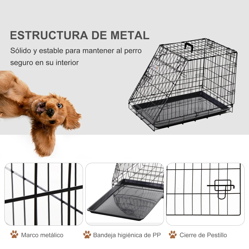 PawHut Jaula Plegable de Metal para Perros con Bandeja Extraíble Pestillo Incorporado Forma Trapezoidal Transportador 76x48x55cm 10kg Negro