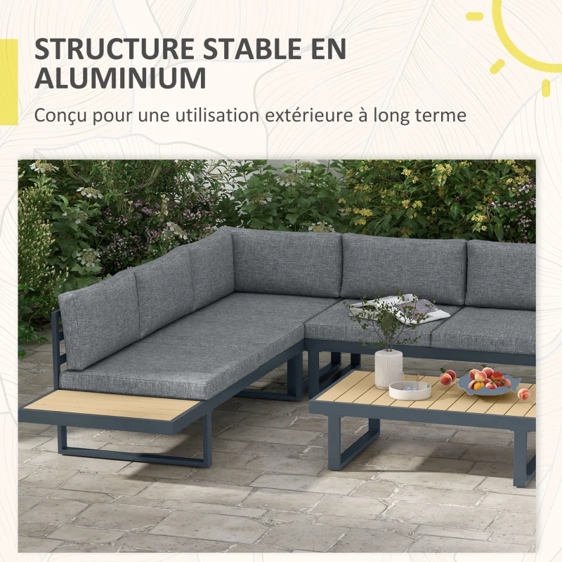 Outsunny Ensemble salon de jardin d'angle design 5 places coussins table basse alu. gris anthracite et imitation bois