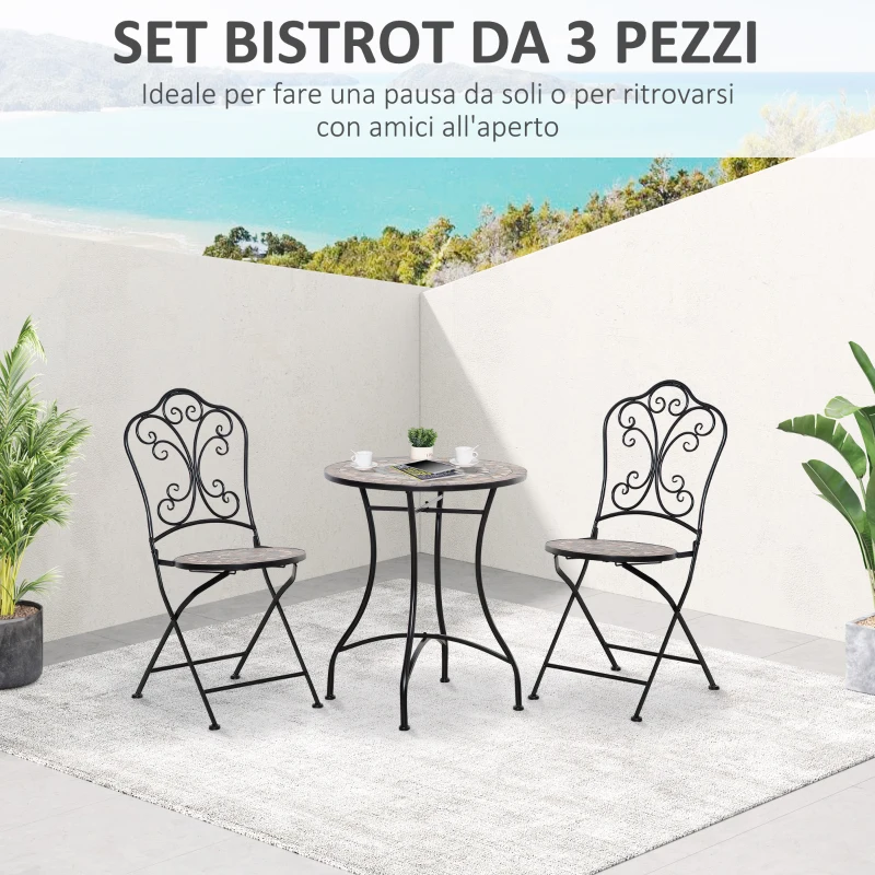Outsunny Set Mobili da Giardino 3 Pezzi con 2 Sedie Pieghevoli e Tavolo da Caffè in Ceramica e Metallo, Nero