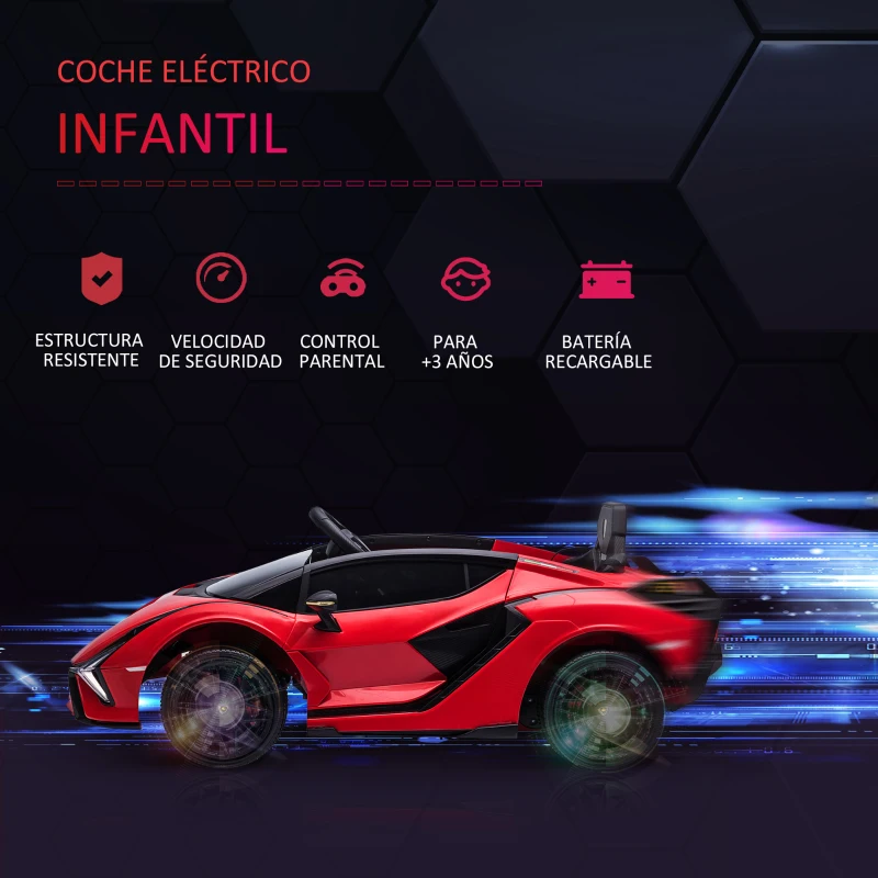 HOMCOM Coche Eléctrico para Niños de +3 Años Lamborghini SIAN Coche de Batería 12V con Mando a Distancia Apertura de Puerta Música MP3 USB y Faros 3-5 km/h 108x62x40 cm Rojo(m-7)