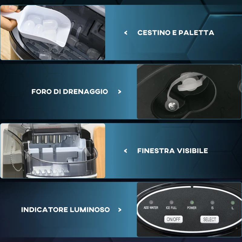 HOMCOM Macchina del Ghiaccio Autopulente da 9 Cubetti in 6-12 Minuti, in PP e Acciaio Inox, 24.2x35.3x33 cm, Nera