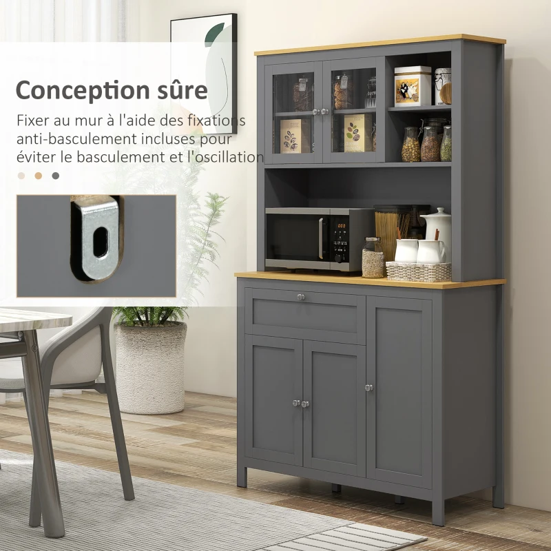 HOMCOM Armoire de cuisine buffet cuisine 5 portes dont 2 portes vitrées et 1 tiroir, 1 niche centrale - hauteur 180 cm gris