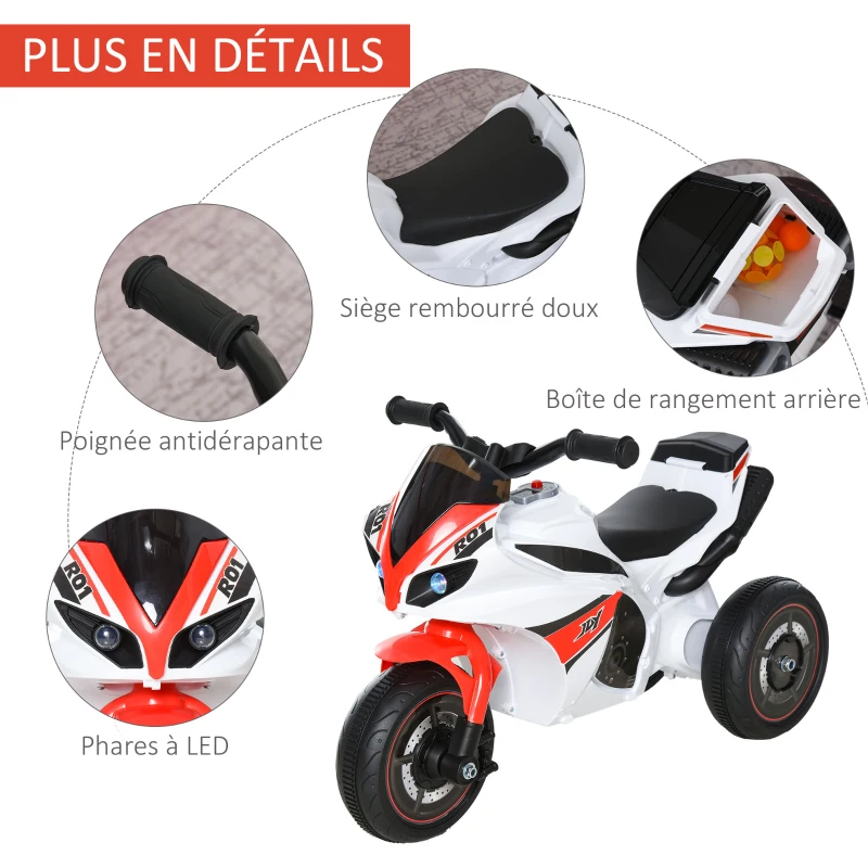 HOMCOM Porteur Enfants Moto de Course Effets musicaux et Lumineux Coffre Rangement Rouge Blanc