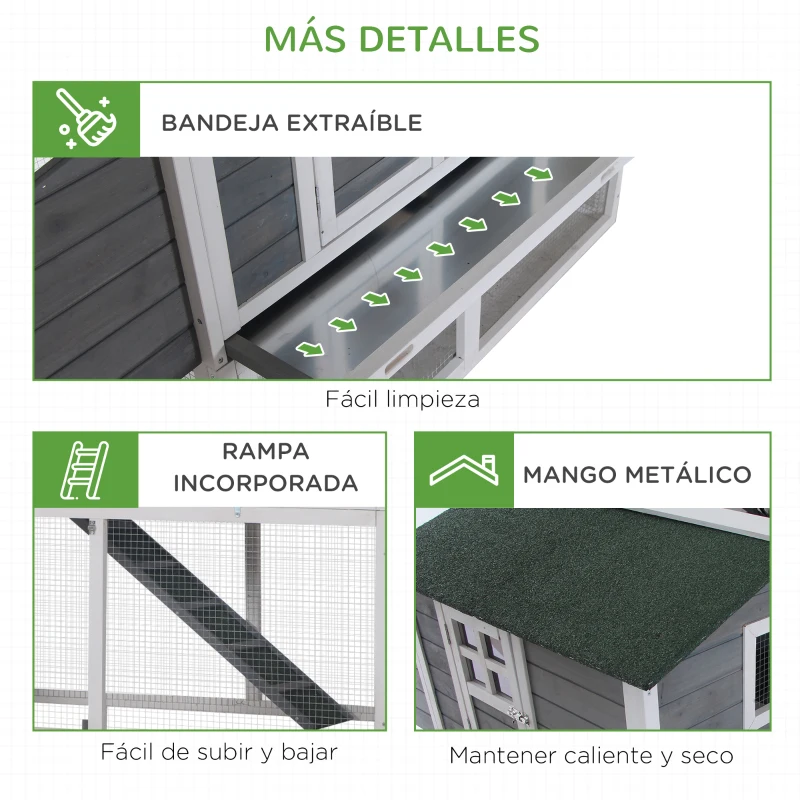 PawHut Gallinero Exterior de Madera Recinto con Nido y Corral Bandeja Extraíble Ventana de Malla Rampa Área de Cultivo 160x80x110 cm Gris y Blanco