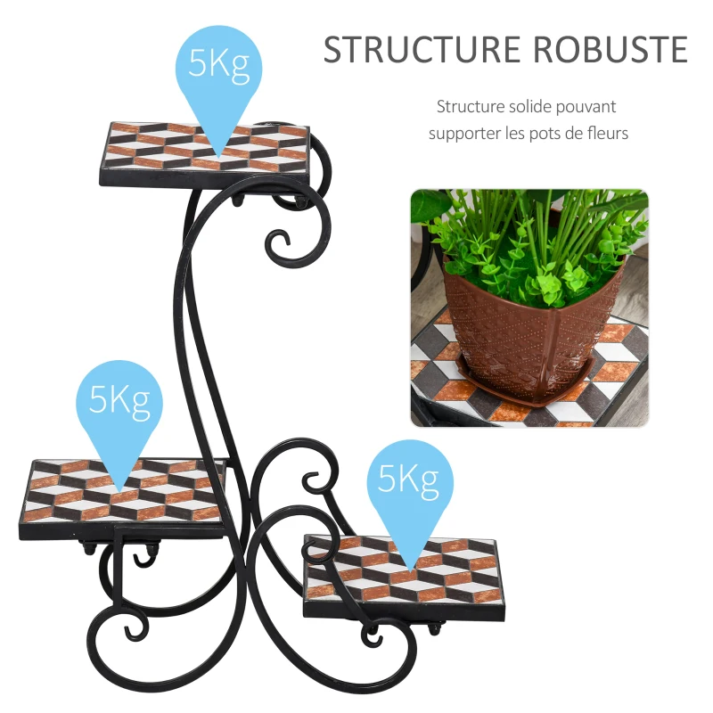 Outsunny Porte plante fer forgé mosaïque - étagère de pots de fleurs - dim. 61L x 24l x 59H cm - métal époxy céramique