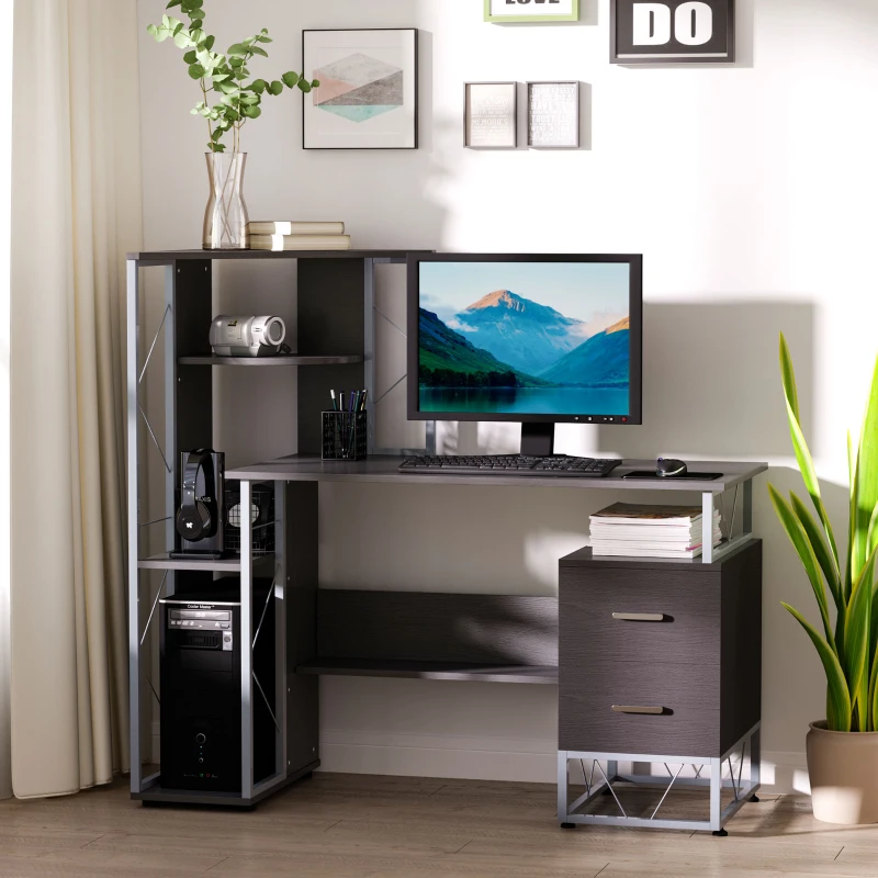 HOMCOM Escritorio con Estantería Librería Mesa de Ordenador PC con Superficie de 110 cm 2 Cajones y Múltiples Estantes para Oficina Estudio Despacho 133x55x123 cm Negro