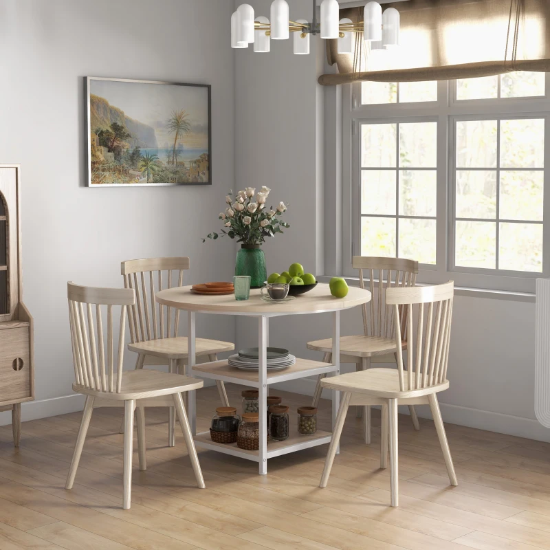 HOMCOM Tavolo da Pranzo per 4-6 Persone con 2 Ripiani Integrati, in Acciaio e MDF, Ø100x76 cm, Bianco e Rovere