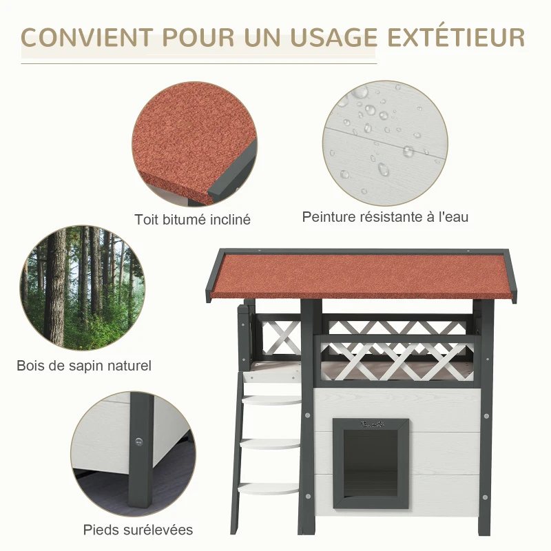 PawHut Maison lodge pour chats sauvage errants avec terrasse escalier 77 x 50 x 73 cm blanc et rouge