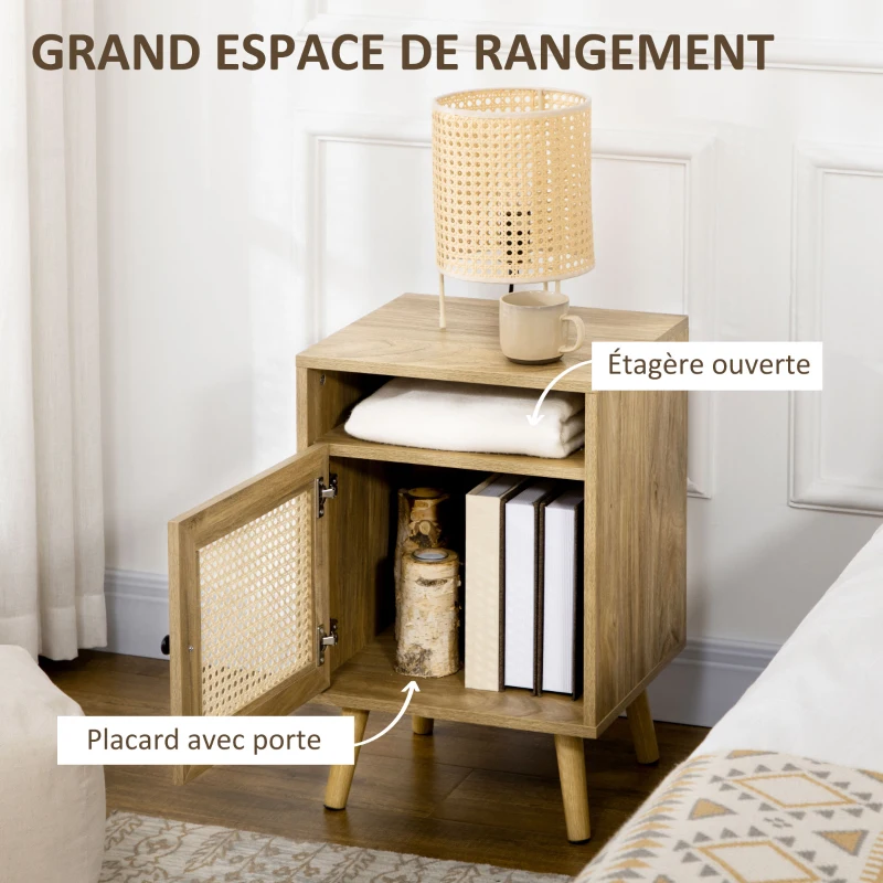 HOMCOM Table de chevet table de nuit avec placard porte cannage et niche design vintage 39 x 35 x 60 cm naturel