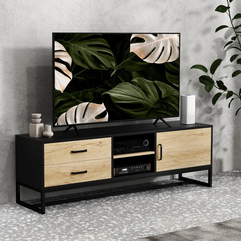 HOMCOM Meuble TV pour téléviseurs jusqu'à 60 pouces, meuble télé avec placard compartiments ouverts, 2 tiroirs, bois naturel