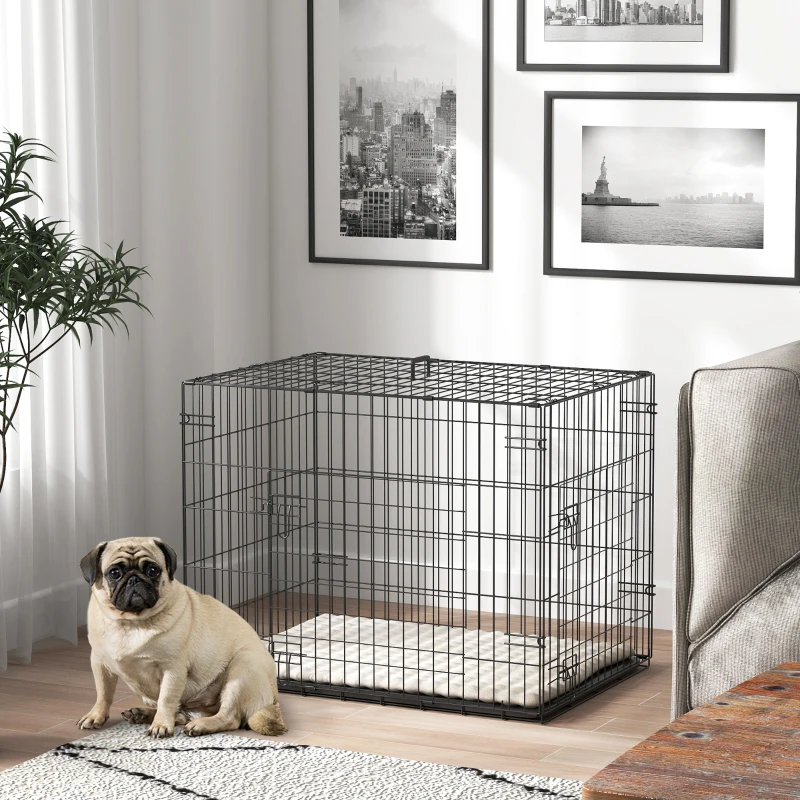 PawHut Foldable Dog Crate with 2 Doors with Tray, Soft Cushion, for Small Dogs, 76 x 53 x 60, Black